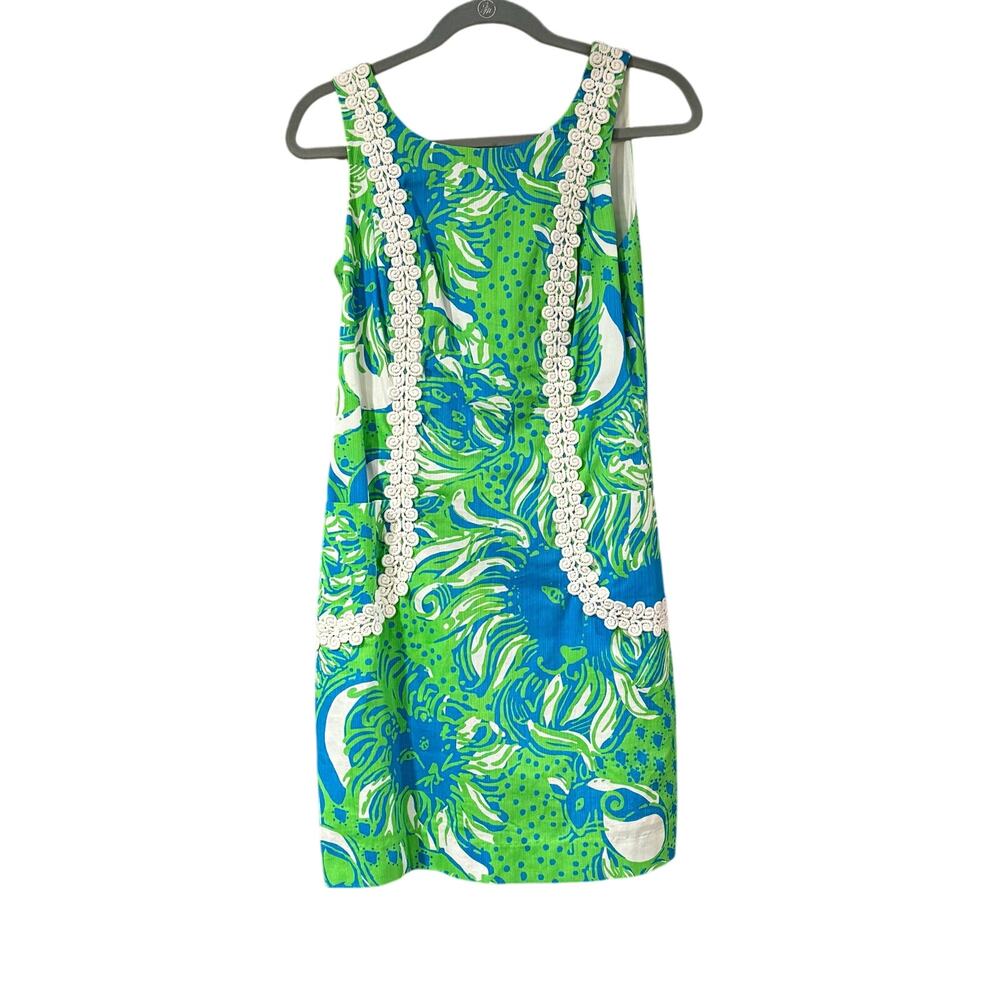 Lilly Pulitzer Roar of the Jungle Limeade Cotton Shift Dress Lace Trim Size 6